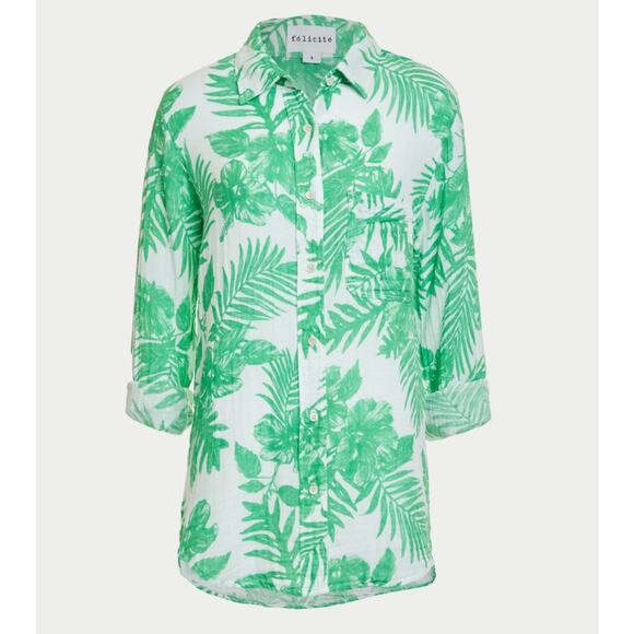 Felicite Tops - NWT Felicite Palm Print Long Sleeve Boyfriend Shirt Green Womens 3 Boho Office
